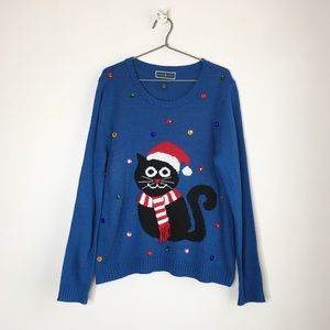 Karen Scott Cat Ugly Christmas Sweater Blue XL